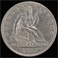 1853 SEATED LIB HALF DOLLAR, ARROWS & RAYS CH AU