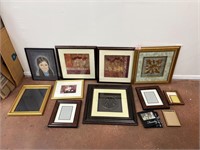 Large lot of framed pictures and frames