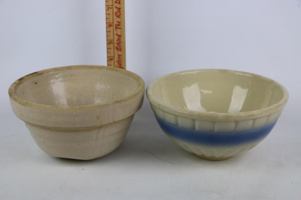 2 Antique Stoneware Crock Mixing Bowls