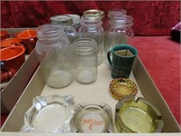 Canning jars, glass ashtrays.