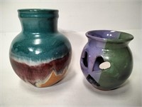 Pair of Signed Art Pottery Candle Holder + Vase