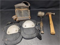 Leather tool belt, knee pads, hammer, rubber