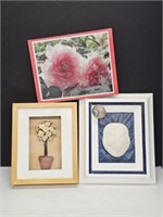 3 FLORAL AND SEASHELL PICTURES - SHELL 12.25" X 10