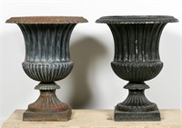 Pair, Black Cast Iron Campana Urn Planters