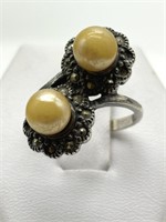 Sterling Silver Marcasite & Faux Pearl Ring