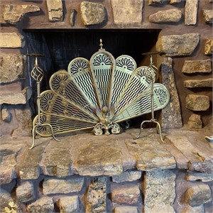 Vintage Griffin Brass Peacock Fireplace Screen w/