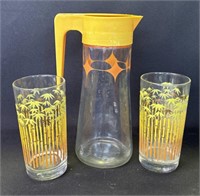 Vintage MCM glass pitcher and glasses.
