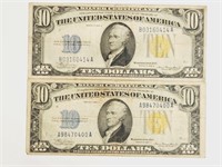 (2) 1935A $10 Silver Certificate Yellow Seal WWII