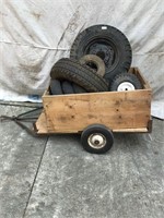 Small Flatbed trailer, & box of  assorted  tires