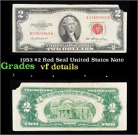 1953 $2 Red Seal United States Note Grades vf deta