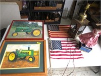 2 JD tractor pictures, flags, lamp, doll