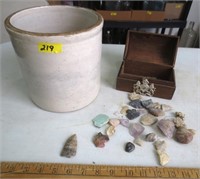 Small crock, gemstones, box