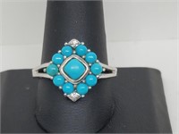.925 Sterling Silver Turqouise/Diamond Ring