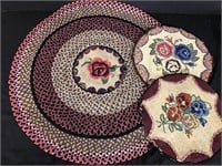 Old Crocheted Rug & 2 Foot Stool Covers