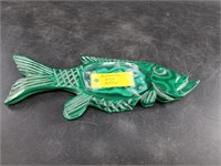 Carved fish shaped malachite ring dish, repaired 1