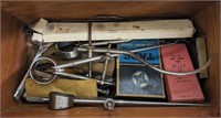 CALIPERS, GAUGES, ENGINEERING TOOLS IN WOODEN BOX