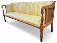 Antique Wooden Settee with Striped Upholstery