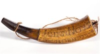 AMERICAN SCRIMSHAWED AND CARVED POWDER HORN,