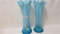 2 blue opalescent vases 11"