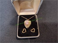 Heart & Rose Pendant Necklace w/ Heart Earrings