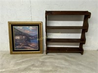WOODEN  SHELF WITH FRAMED AND MATTED PRINT