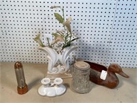 Weller pottery candle stick, duck & decoration