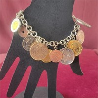 .925 Silver Charm bracelet with foreign coins