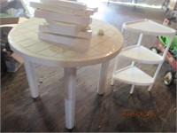 3 PLASTIC TABLES, PLANT STAND, CD RACK