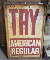 "TRY AMERICAN REGULAR" ADVERTISING METAL SIGN