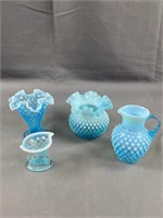 Fenton Blue Hobnail Ruffled Vases & More
