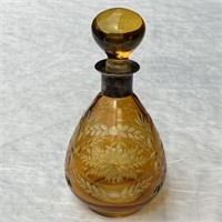 Bulbous Amber Cut-to-Clear Decanter Silver Trim