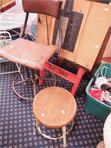 Two industrial stools, one with oak