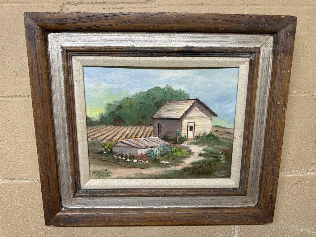Signed Farmstead painting in rustic frame 21.5” x