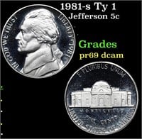 Proof 1981-s Ty 1 Jefferson Nickel 5c Grades GEM++