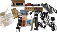 BOX LOT OF TRAIN SWITCHES, TRACK, ETC.