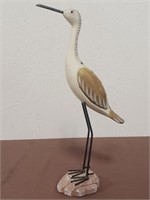 Tall Carved Wooden Bird on Stand With Metal