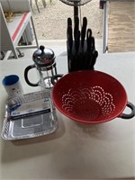 Strainer, cake pans, Bodum coffee press, coffee