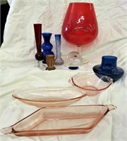 10 PCS COLORED GLASS*VASES*RELISH TRAYS AND MORE