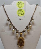 Victorian Gold Filled Pearl Drop Locket Necklace