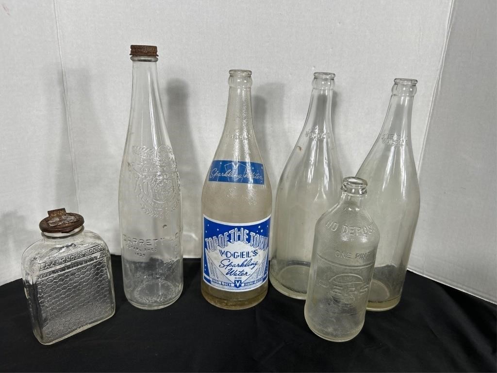 (6) Vintage Glass Bottles: Honey  Wine