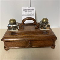 Old Double Ink Well / Wooden Pens Holder