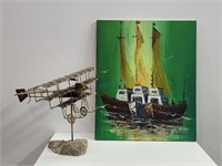 P.S. Fim Original Boat Painting + Metal Art Plane