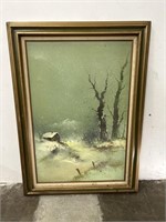 Framed and Signed Snowy Cabin Oil Painting
