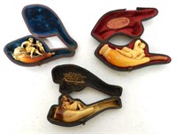lot of 3 possibly hand carved pipes & cases