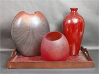 Wood Tray, Textured Red Glass Vase, Metal Vase