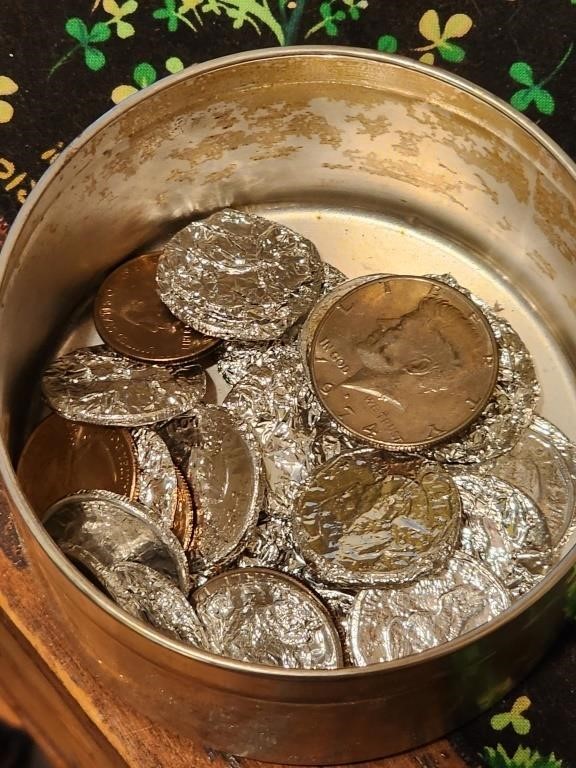 Tin Can Full of Coins Wrapped in Foil