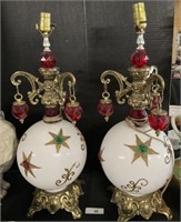 Hand Decorated Milk Glass & Brass Table Lamps.