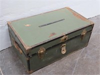 Old Metal Flat Top Trunk With Leather Handles