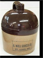 A. MOLL GROCER ADVERTISING 2 TONE STONEWARE JUG