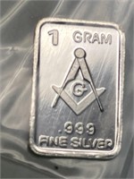Masonic 1 Gram Silver Bar